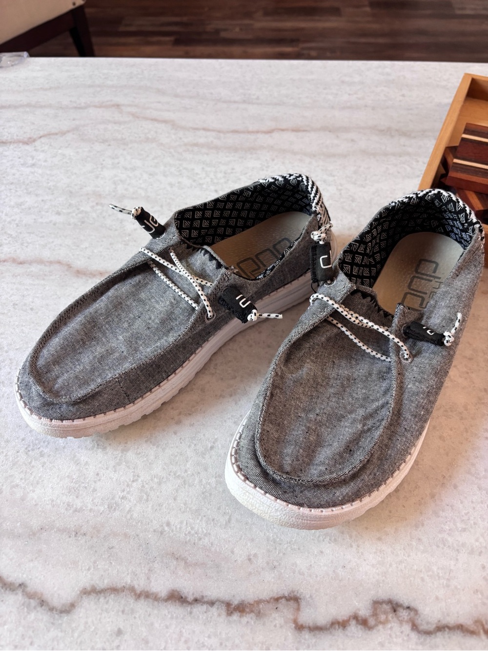 Hey Dude Women's Gray Canvas Slip-On Loafers with White Accents